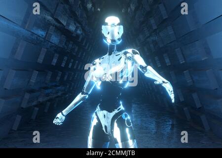 3D-Illustration eines Cyborg in einer Scifi-Umgebung Stockfoto