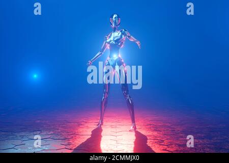 3D-Illustration eines Cyborg in einer Scifi-Umgebung Stockfoto
