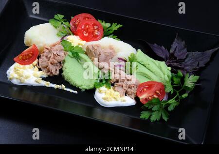 Thunfisch in Dosen mit Garnierung, Kartoffelpüree mit Avocado. Stockfoto