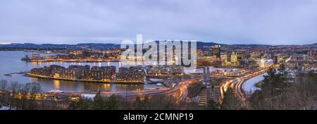 Oslo nacht Luftbild skyline Panorama Business Viertel und Bercode Projekt, Oslo, Norwegen Stockfoto