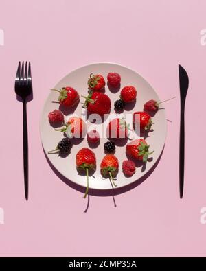 Frische Beeren, Erdbeeren, Himbeeren, Brombeeren in rosa Keramikplatte auf rosa Hintergrund. Vegetarische oder fruitarische Diät-Konzept. Stockfoto