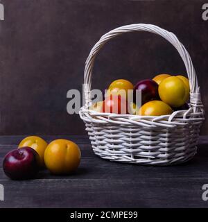 Bunte Pflaumen Obst im Korb auf dem schwarzen Hintergrund isoliert Stockfoto