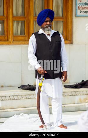 Amritsar, Indien - 21. November 2011: Sikh-Musiker im Golden Temple Complex, Amritsar, Punjab, Indien. Stockfoto