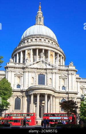 St Pauls Cathedral und Red London Buses (Red Bus Rovers) sind ein ikonischer Teil des Londoner Lebens. Es liegt in der City of London, und die Kuppel war BU Stockfoto