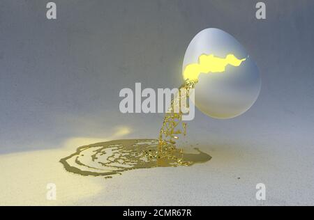 Flüssiges Gold gießen von einem gebrochenen Osterei. Abstrakte Komposition über Verputzte Wand Hintergrund. 3D-Illustration weite Einstellung Stockfoto