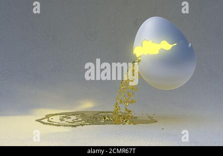 Flüssiges Gold gießen von einem gebrochenen Osterei. Abstrakte Komposition über Verputzte Wand Hintergrund. 3D-Illustration weite Einstellung Stockfoto