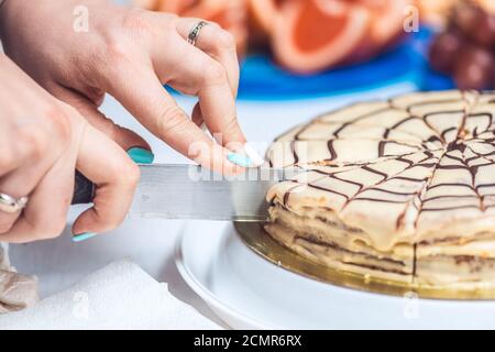 Frauenhände schneiden ganze esterhazy Torte Kuchen mit Messer. Authentisches Rezept, ungarisches und österreichisches Dessert, Blick von oben, clos Stockfoto