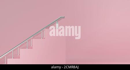 3d Rendering rosa Treppe mit Metall Handlauf auf rosa Hintergrund. Abstrakte minimale Szene mit Platz für Text und Nachricht auf der rechten Seite. Stockfoto