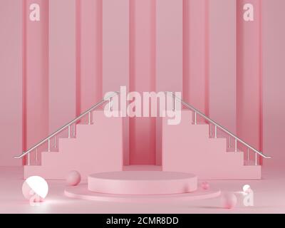 3d Rendering leerer Zylinder Podium mit zwei Treppen und kugelförmigen Glühbirne auf dem Boden. Abstrakte minimale geometrische Szene auf rosa Hintergrund. Stockfoto