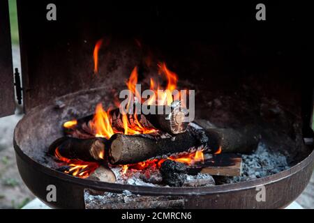 Lagerfeuer in Metallbehälter, Feuerring Nahaufnahme von brennenden Baumstämmen und hellen Flammen des Feuers Stockfoto