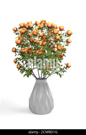 Bouquet von orangen Rosen in einer glasgrauen runden Vase Isoliert auf weißem Hintergrund - 3D-Rendering Stockfoto