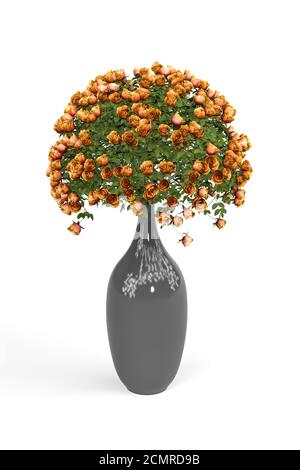Bouquet von orangen Rosen in einer glasgrauen runden Vase Isoliert auf weißem Hintergrund - 3D-Rendering Stockfoto