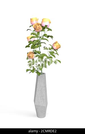 Bouquet von orangen Rosen in einem Stein sechseckigen Vase isoliert Auf weißem Hintergrund - 3D-Rendering Stockfoto