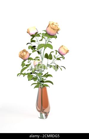 Bouquet von orangen Rosen in einer Glas runde Vase isoliert Auf weißem Hintergrund - 3D-Rendering Stockfoto