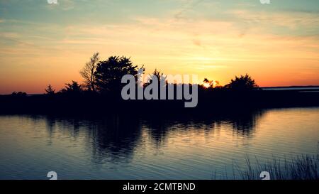 Sonnenuntergang über Assateague Island mit Silhoutte von Sümpfen, Wasser, hohem Gras und Bäumen. Stockfoto