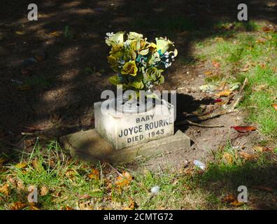 Kleines und ergreifendes Grab des Babys Joyce Bourke auf dem Friedhof der St. Mary's Parish Church, Haddington, East Lothian, Schottland, Großbritannien. Stockfoto