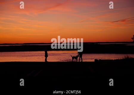 Sonnenuntergang über Assateague Island über Sümpfen, Salzwasserbucht mit Silhouette eines Paares, das mit Hund spielt. Stockfoto