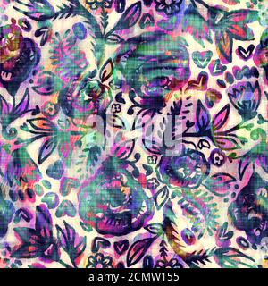 Verschwommener Regenbogen Glitch künstlerische florale Textur Hintergrund. Unregelmäßige Blutung Aquarell Krawatte Farbstoff nahtlose Muster. Ombre verzerrte Boho Blume ganz Stockfoto
