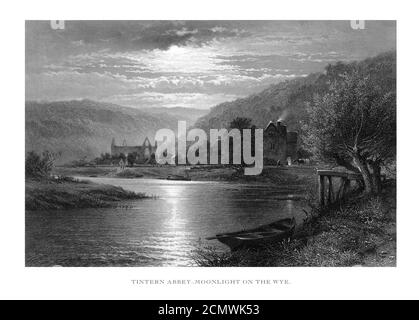 Vintage Tintern Abbey, Moonlight on the Wye, Englisch Victorian Engraving, 1875 Stockfoto