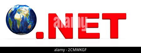 Internationale Domain .net. Der Domainname .NET in roter Farbe und Globus mit auf weißer Oberfläche. 3D-Illustration Stockfoto