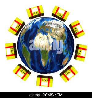 Porto weltweit. Viele gelbe Postpakete befinden sich rund um den Globus. Isoliert. 3D-Illustration Stockfoto