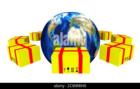 Porto weltweit. Viele gelbe Postpakete befinden sich rund um den Globus. Isoliert. 3D-Illustration Stockfoto