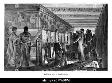 Phidias bei der Arbeit im Parthenon, English Victorian Engraving, 1875 Stockfoto