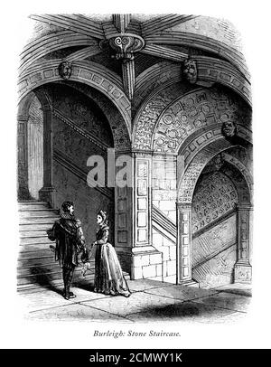 Vintage, English Victorian Engraving, Burleigh Hall, Stone Staircase, Leicestershire, England, 1875 Stockfoto