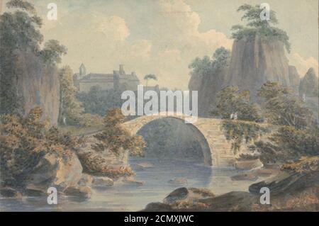 John Warwick Smith - Flusslandschaft mit einem einzigen Bogen Brücke Stockfoto