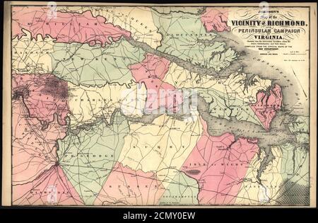 Johnsons Karte der Umgebung von Richmond und der Peninsular Campaign in Virginia - zeigt auch die interessanten Orte entlang der James, Chickahominy und York Flüsse Stockfoto