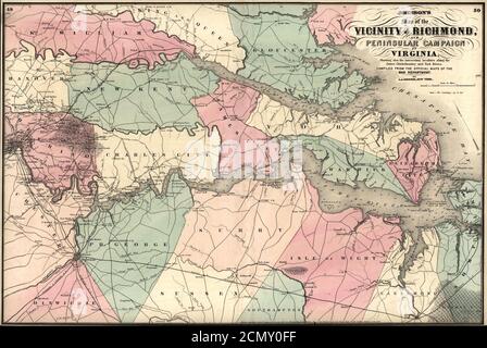 Johnsons Karte der Umgebung von Richmond und der Peninsular Campaign in Virginia - zeigt auch die interessanten Orte entlang der James, Chickahominy und York Flüsse Stockfoto