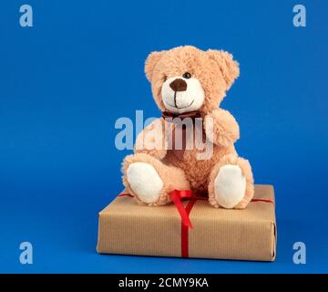 Beige Teddybär und eine Box in braunem Kraftpapier verpackt Papier und mit einem roten Band gebunden Stockfoto