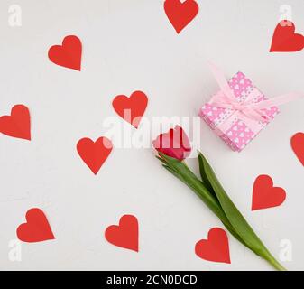 Bouquet von rot blühenden Tulpen mit grünen Stielen und Blättern Und rotes Papier Herz Stockfoto