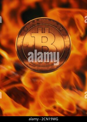 Bitcoin Münze auf einem Hintergrund des Feuers. Nahaufnahme. Kryptowährungen. 3D-Rendering Stockfoto