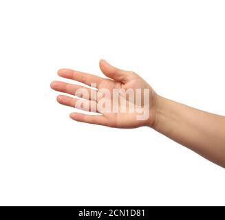 Ausgestreckte Hand des Menschen, offene Hand, ein Teil des Körpers isoliert auf weißem Hintergrund Stockfoto
