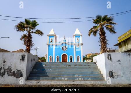 Blaue Kirche in Sao Filipe, Fogo Island, Kap Verde Stockfoto