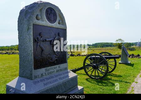 Gettysburg, PA, USA - 6. September 2020: Memorial to Battery K, 1st NY Light Artillery, im Gettysburg National Military Park. Stockfoto