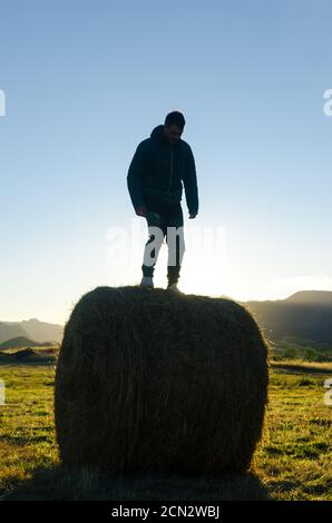 Mann, der auf dem Heuballen steht und nach unten schaut Stockfoto