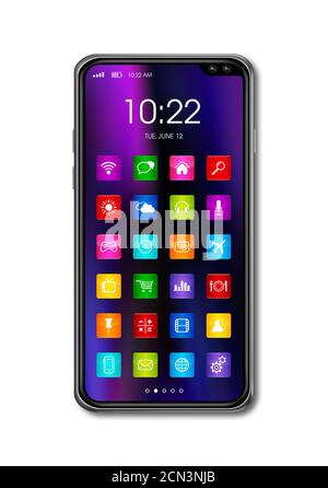 Alle Bildschirm Smartphone mit bunten Icon-Set isoliert auf weiß. 3D-Rendering Stockfoto
