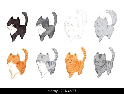 Set von niedlichen Katzen in der gleichen Pose. Aquarell Handmalerei Illustration auf weißem Hintergrund. Design für Dekoration in PET-Artwork-Werbung. Stockfoto