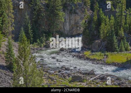 Der wunderschöne Firehole River fließt durch West Yellowstone in der Rocky Mountains in Wyoming Stockfoto