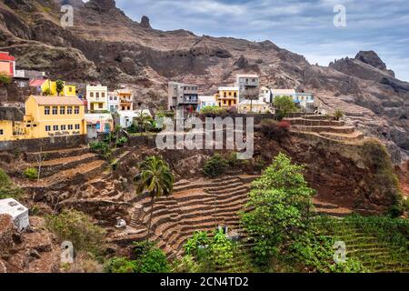 Fontainhas Dorf und Terrasse Felder in Santo Antao Insel, Kap Verde Stockfoto