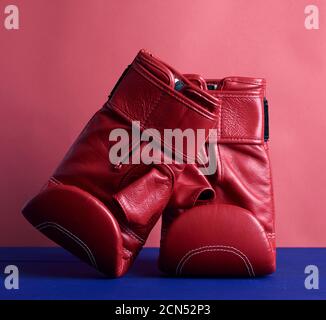 Paar rote Leder Boxhandschuhe auf einem blauen Hintergrund Stockfoto