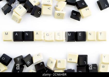 Computer und Computertechnologien in den Industrien und den Bereichen der menschlichen Tätigkeit - Konzept. Management. Auf einem weißen Hintergrund von den verstreuten Tasten Stockfoto