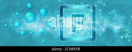 F-Symbol. Fluorisches chemisches Element mit Molekül und Netzwerk auf blauem Hintergrund Stockfoto