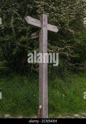 Rustikaler Holzpfosten mit ausgedehnten Schildern in drei Richtungen, die alle öffentlichen Fußweg in Ruislip Woods, Nature Preserve, Hillingdon, Northwest London sagen. Stockfoto