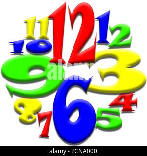 Zahlen 1 bis 12 auf einer 3D-Uhr Stockfoto