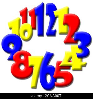 Zahlen 1 bis 12 auf einer 3D-Uhr Stockfoto