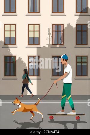 Hund an der Leine zieht Junge Reiten Skateboard auf der City Street Stockfoto