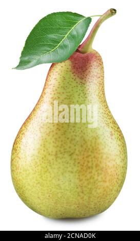 Einzelne Birne mit Birnenblatt isoliert auf weißem Hintergrund. Beschneidungspfad. Stockfoto